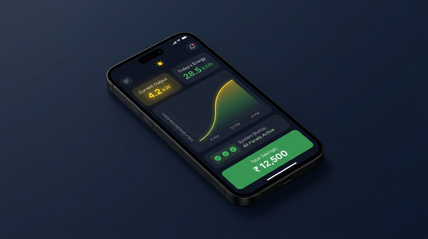 SolarMaxx mobile app showing live solar plant generation and daily performance on a smartphone