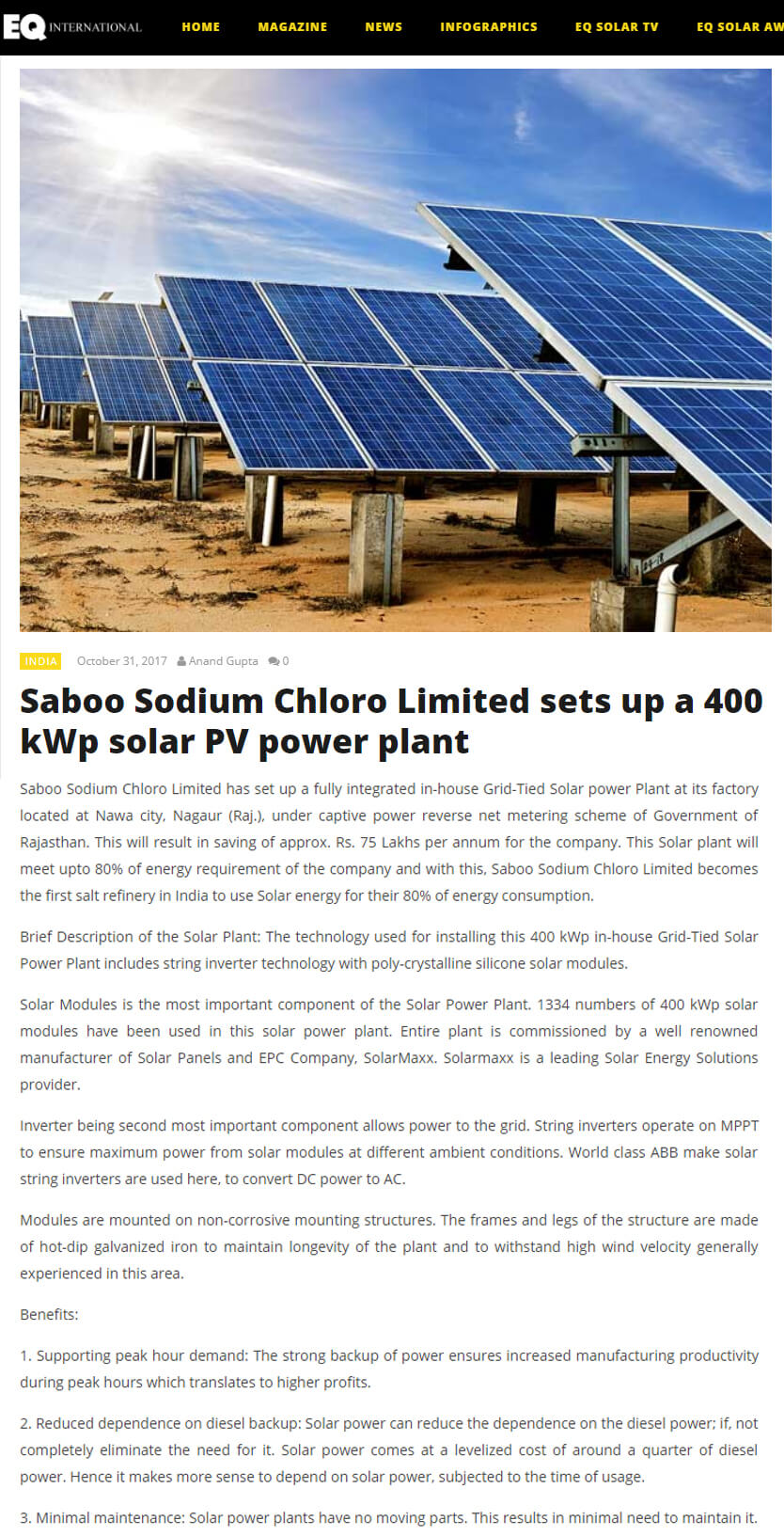 SolarMaxx press coverage: Saboo Sodium Salt Solar Power Plant Rajasthan